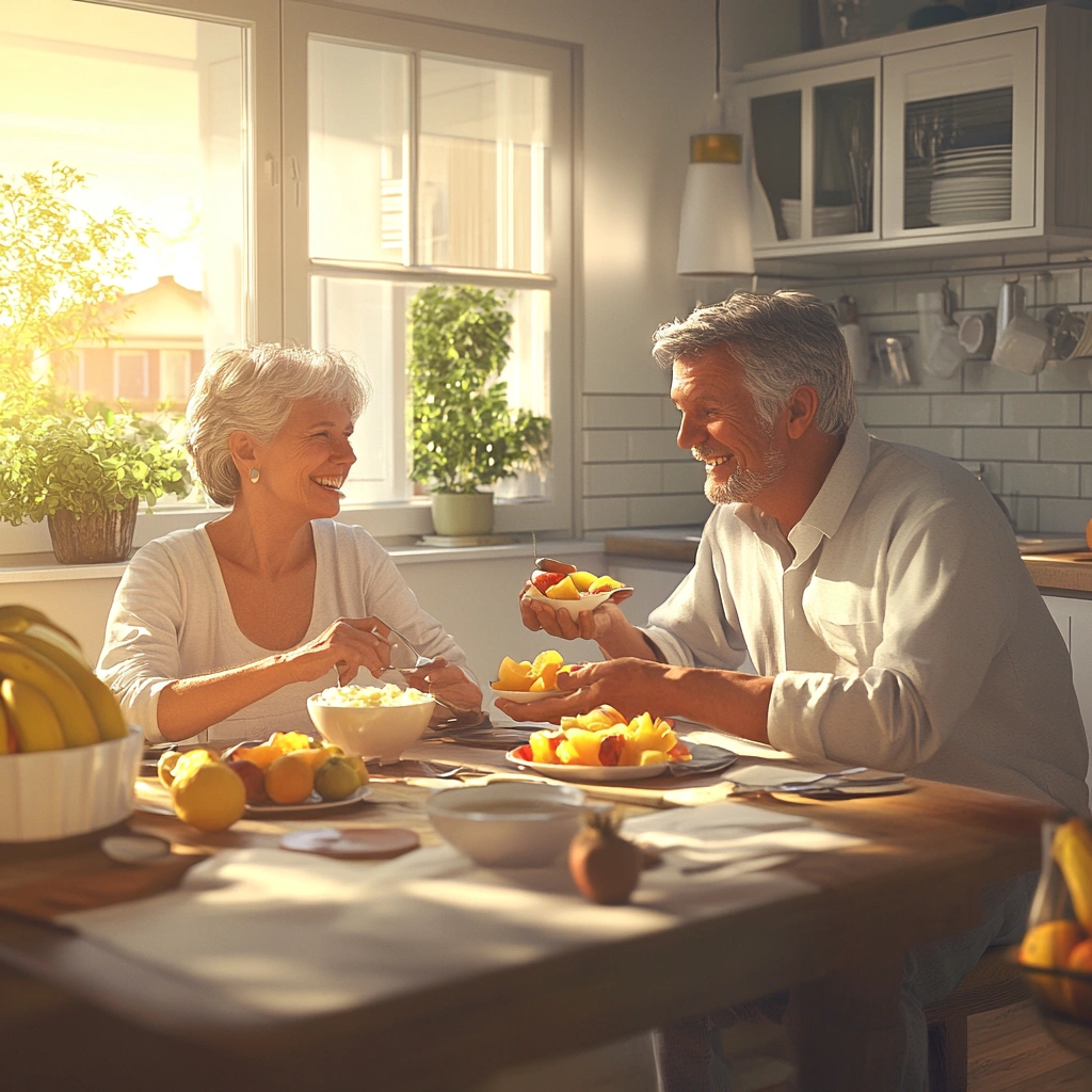 Щаслива літня пара насолоджується здоровим сніданком